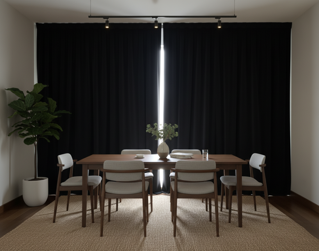 Blackout curtains sound reduction installed in a dining area to block light and reduce external noise.